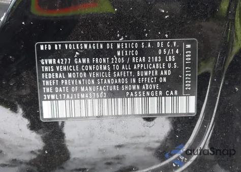 2014 Volkswagen Jetta 1.8T Sel from USA, damaged, VIN 3VWL17AJ1EM437503